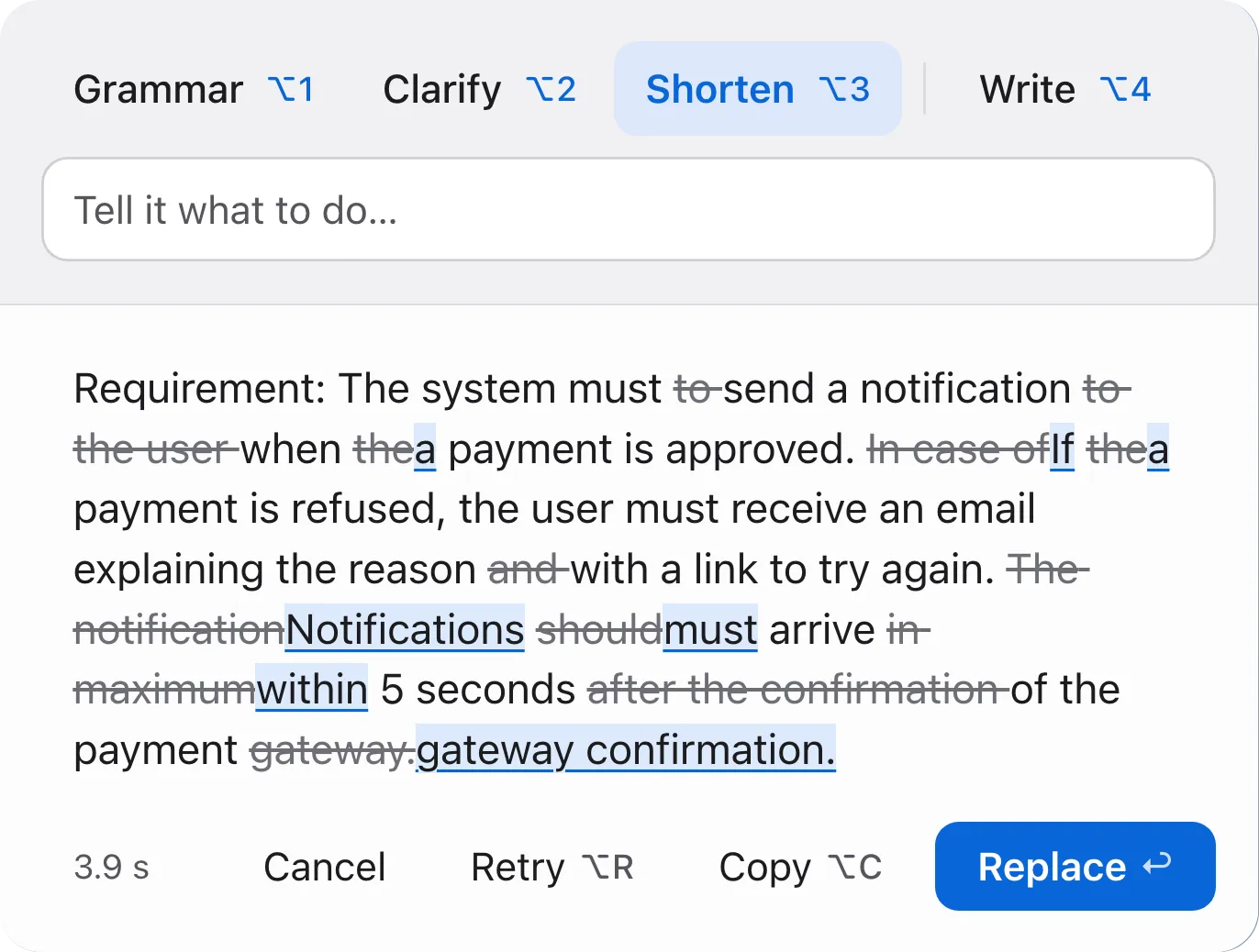 Shorten on a product requirement, in 3.9 seconds: “must to send” loses “to”, “In case of the payment is refused” becomes “If a payment is refused”, and the last sentence ends “within 5 seconds of the payment gateway confirmation”.