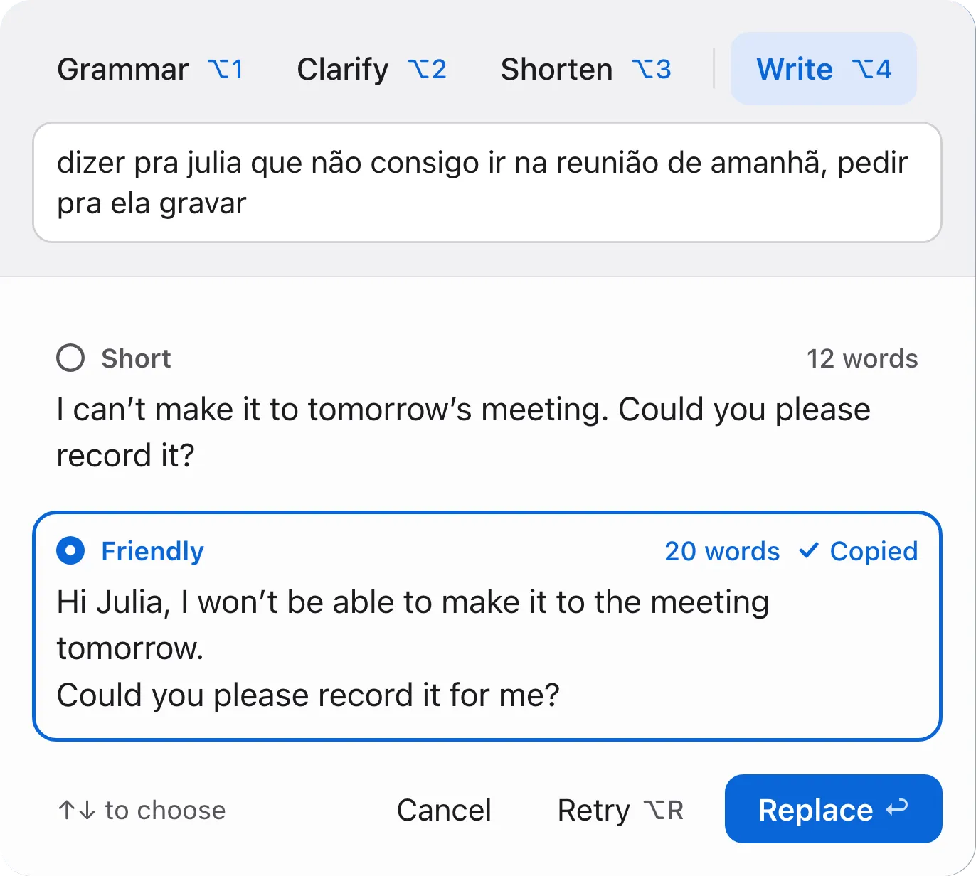 Write turned a note in Portuguese into two messages in English, Short and Friendly. Friendly is picked and copied, ready to replace the note.